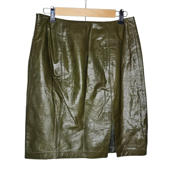VTG 80s Linda Allard Ellen Tracy 100% Leather Mini Skirt Olive Green Petite 10 - Picture 3 of 10